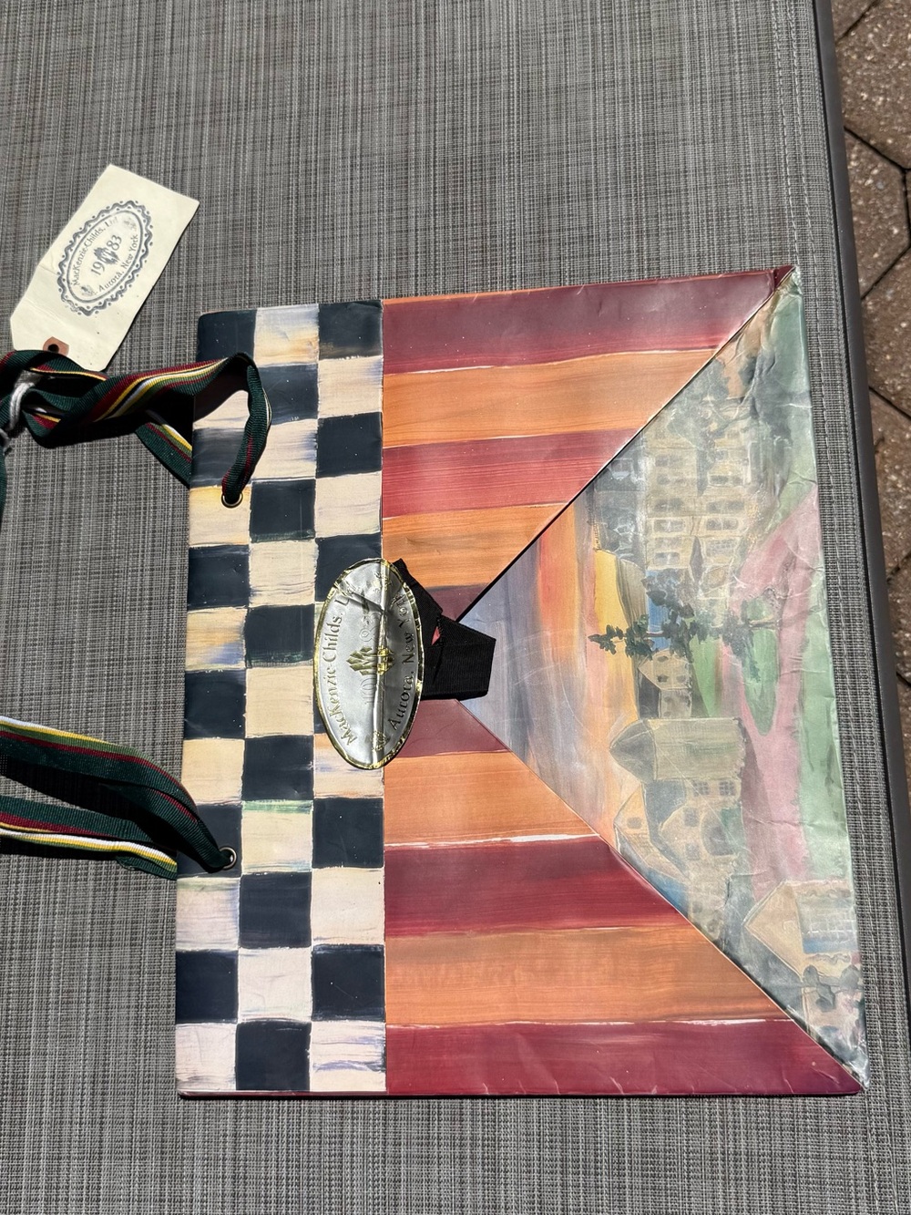 Mackenzie-Child’s Hand-Painted Decorative Tote with Checkerboard & Stripes 1983